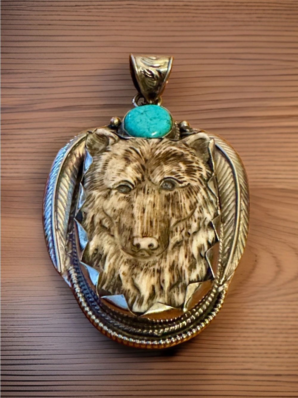 Handcrafted Bone Pendant,Bear Face Art,Floral Carving,Turquoise & Silver,40grams - Picture 6 of 10
